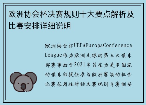 欧洲协会杯决赛规则十大要点解析及比赛安排详细说明