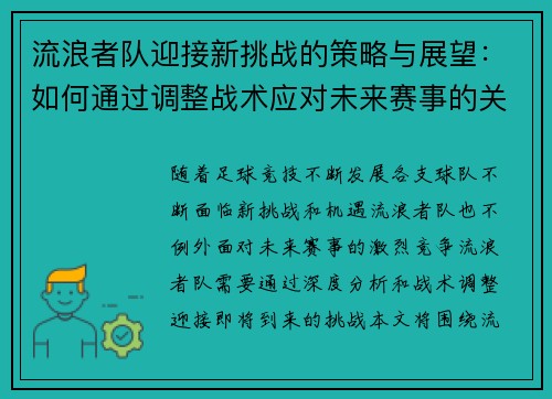 流浪者队迎接新挑战的策略与展望：如何通过调整战术应对未来赛事的关键考量